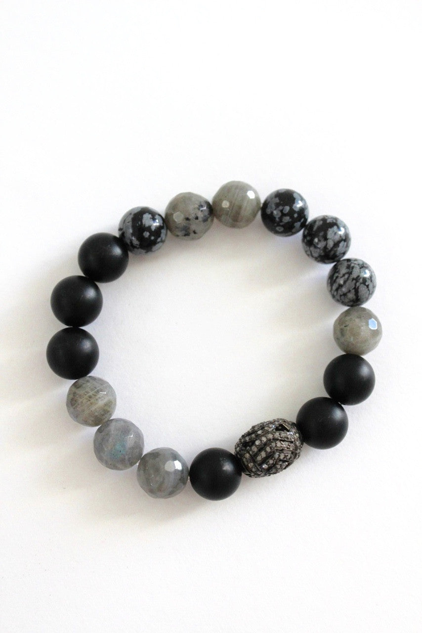 mixed bead bracelet - agate, pave diamond, grey snowflake obsidian