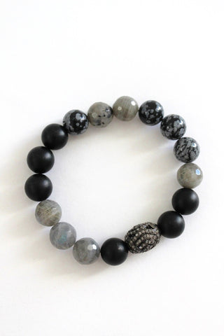 mixed bead bracelet - agate, pave diamond, grey snowflake obsidian