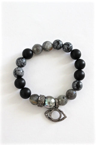 mixed bead bracelet - agate, grey snowflake obsidian, evil eye diamond charm