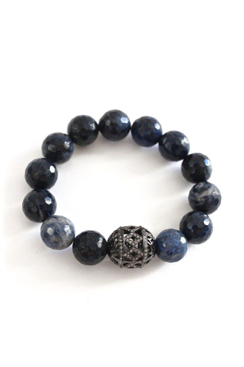 dumortierite bead bracelet with large pave diamond bead